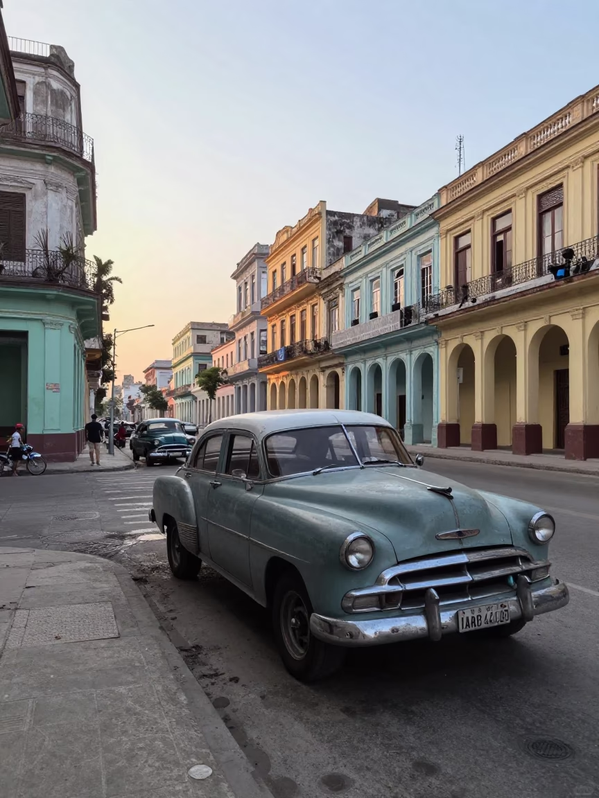 Vintage 1970s Havana Street Scene with Classic American Car and Local Pedestrians in in Havana, Cuba
