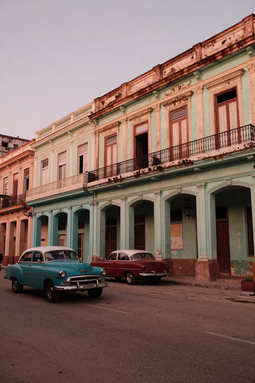Vintage 1970s Havana Street Scene with Colorful Architecture and Local Life in in Havana, Cuba