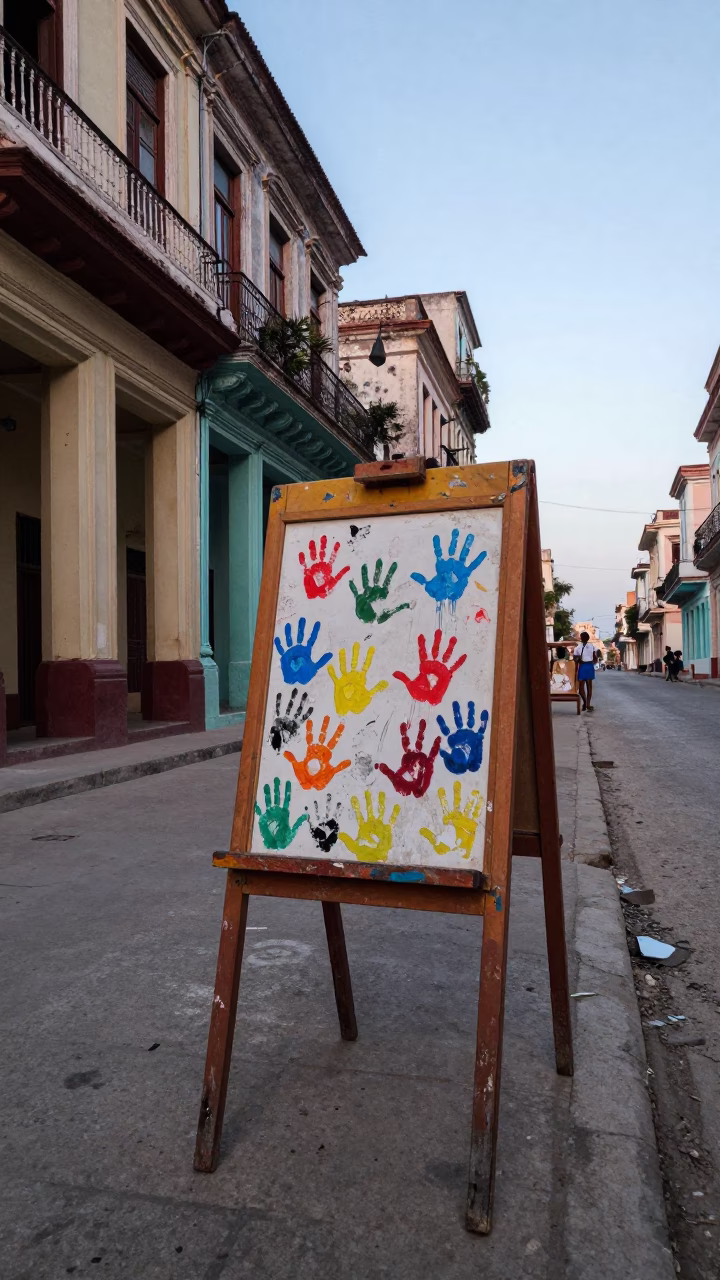 Vintage 1970s Havana Street Scene with Colorful Easel and Art Supplies in in Havana, Cuba