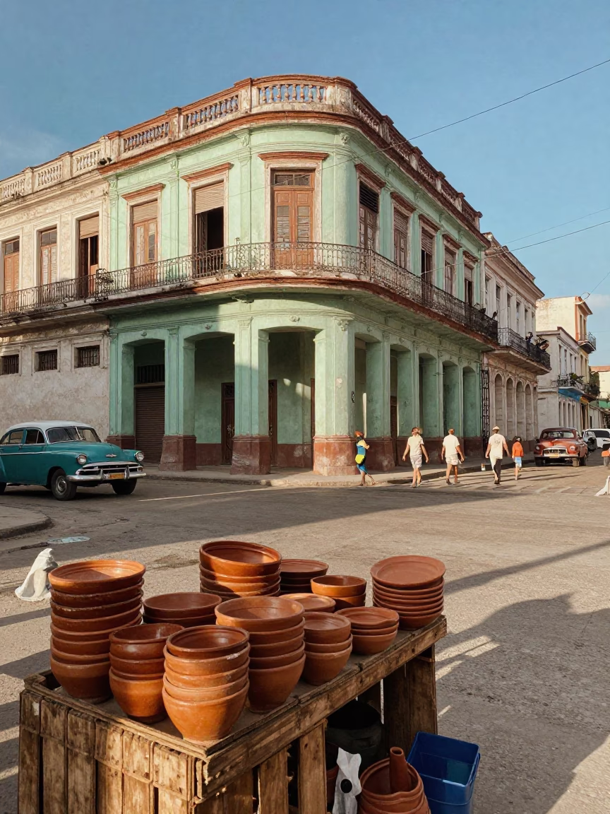 Vintage 1970s Havana Street Scene with Local Market Goods and Colorful Architecture in in Havana, Cuba