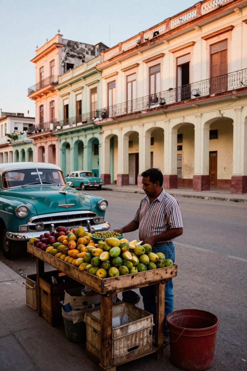 Vintage 1970s Havana Street Scene with Local Vendor and Colorful Produce in in Havana, Cuba