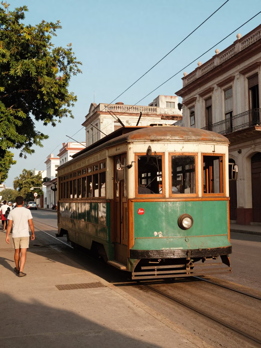Vintage 1970s Havana Street Scene with Old Trolley and Tropical Light in in Havana, Cuba