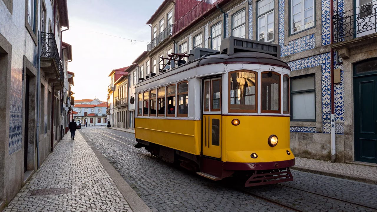 Vintage 1970s Heritage Tram on Cobblestone Avenue in Porto Portugal Morning Light in in Porto, Portugal