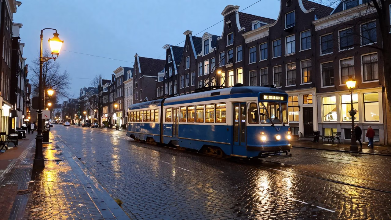 Vintage 1970s Heritage Tram on Cobblestone Street Before Dawn in Amsterdam in in Amsterdam, Netherlands