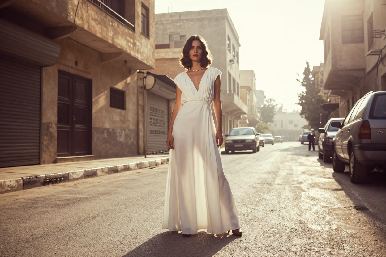 Vintage 1970s High Fashion Portrait in Alexandria Egypt Morning Light with Local Street Elements in in Alexandria, Egypt