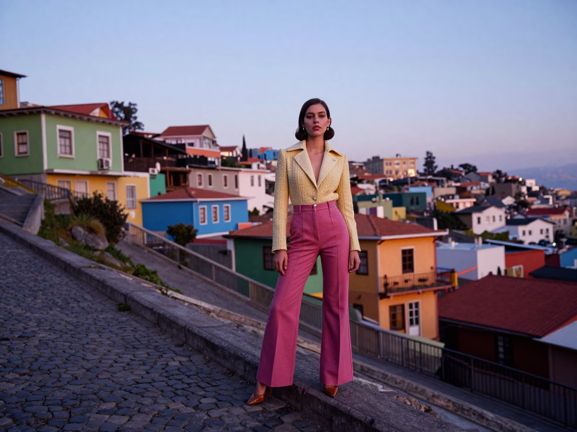 Vintage 1970s High Fashion Portrait in Valparaiso Chile Before Sunrise in in Valparaiso, Chile