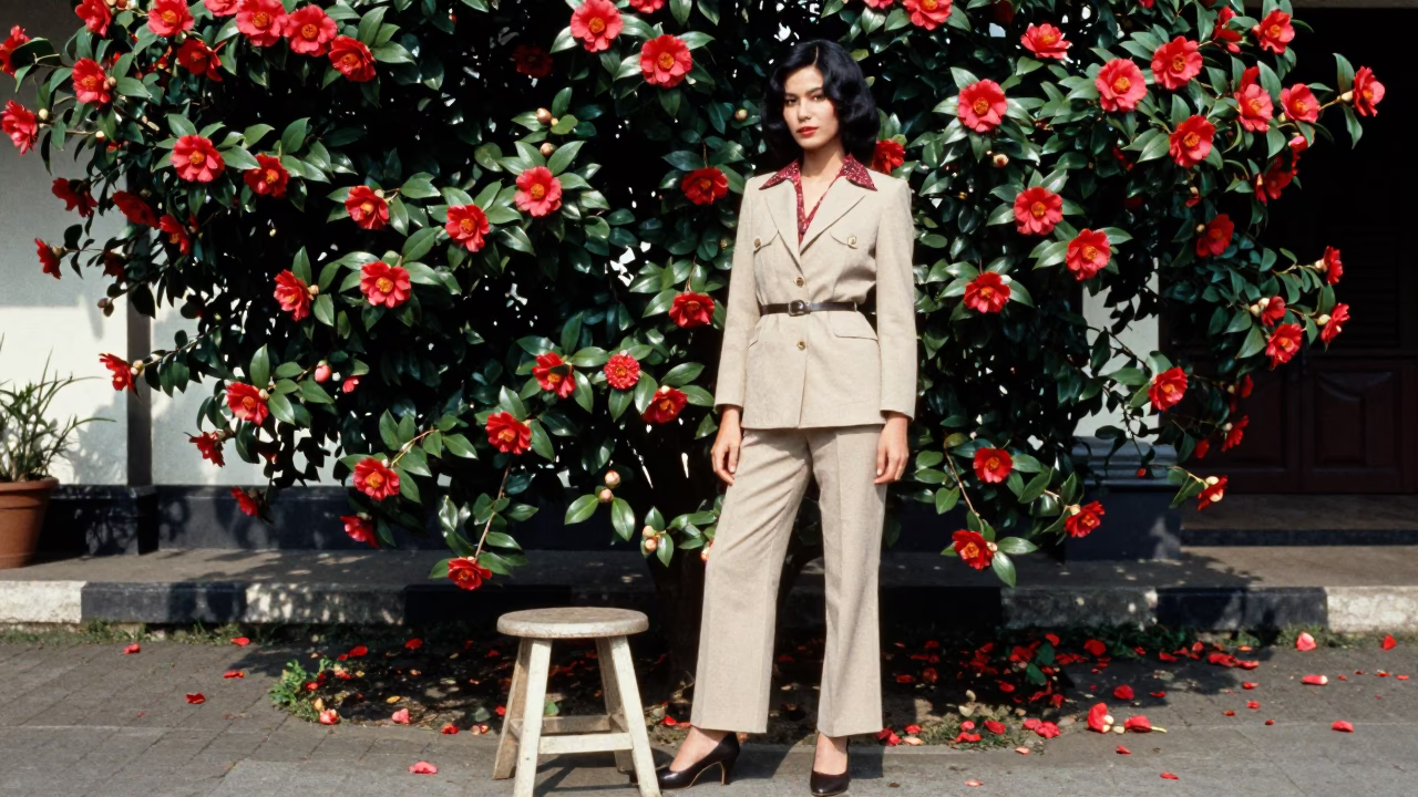 Vintage 1970s High Fashion Portrait in Yogyakarta Indonesia with Camellia and Thermos in in Yogyakarta, Indonesia