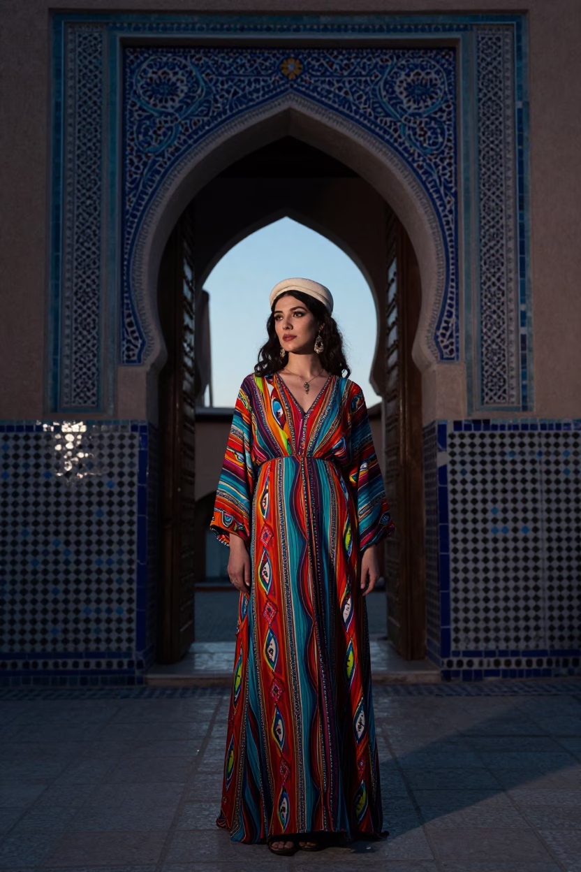 Vintage 1970s High Fashion Portrait of a Woman in Fez Morocco Pre-Dawn Light in in Fez, Morocco