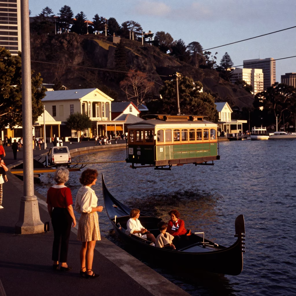 Vintage 1970s Hobart Evening Street Scene with Gondola and River Valley in in Hobart, Tasmania, Australia