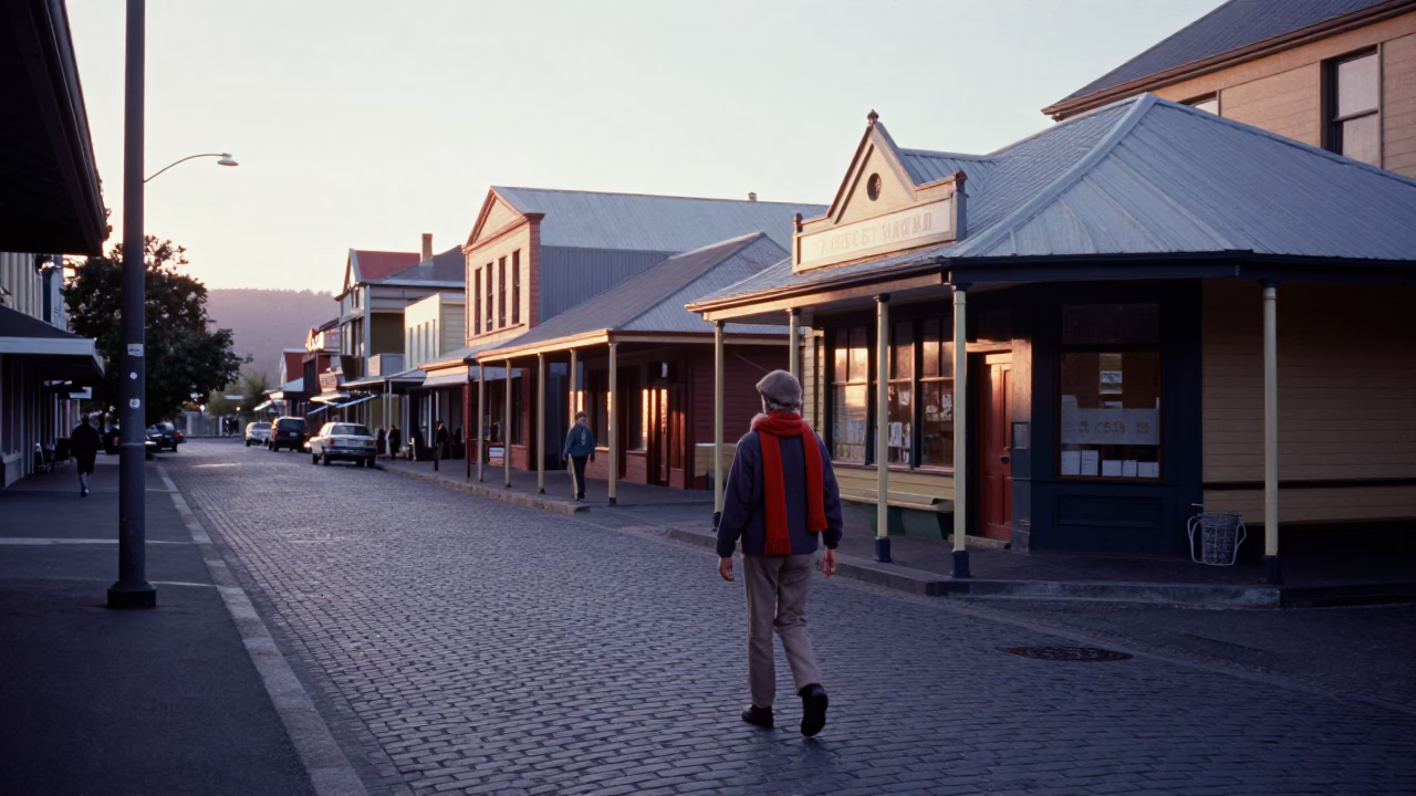 Vintage 1970s Hobart Tasmania Dawn Street Scene with Wool Scarves and Garden Cloches in in Hobart, Tasmania, Australia