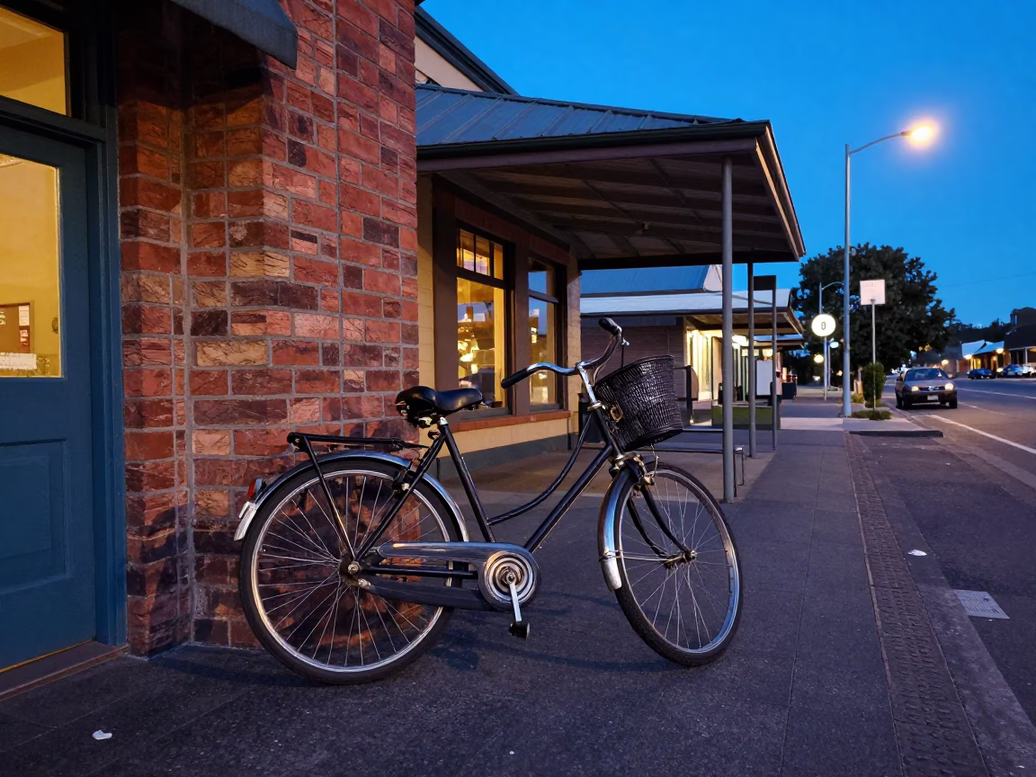 Vintage 1970s Hobart Tasmania Evening Street Scene with Bicycle and Cafe in in Hobart, Tasmania, Australia