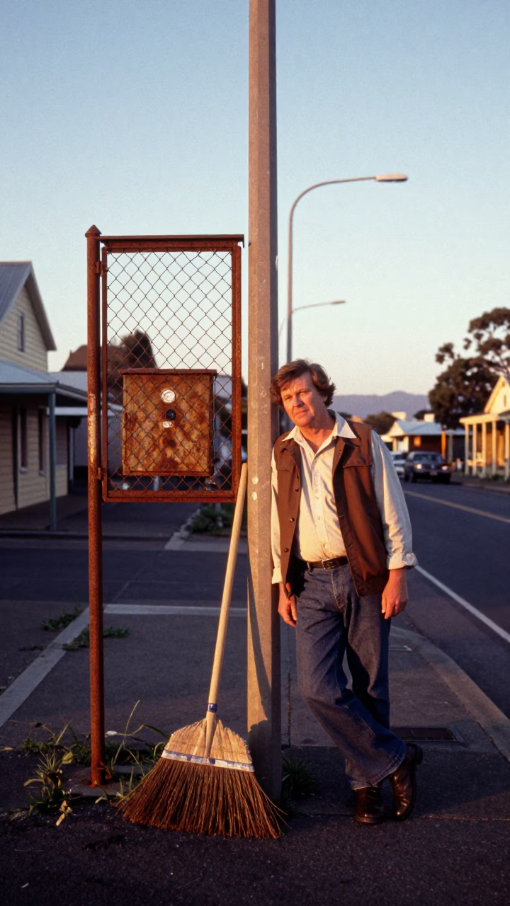 Vintage 1970s Hobart Tasmania Sunrise Street Scene with Broom and Substation Fence Dew in in Hobart, Tasmania, Australia