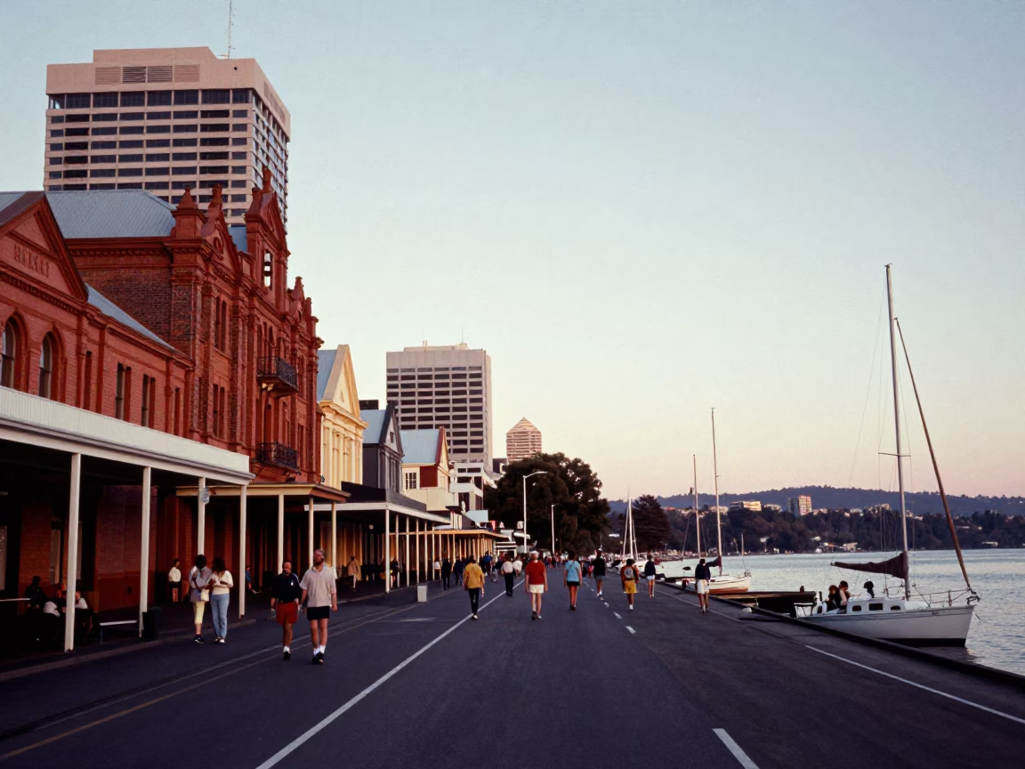 Vintage 1970s Hobart Tasmanian Street Scene with Sailboats and Sunset in in Hobart, Tasmania, Australia