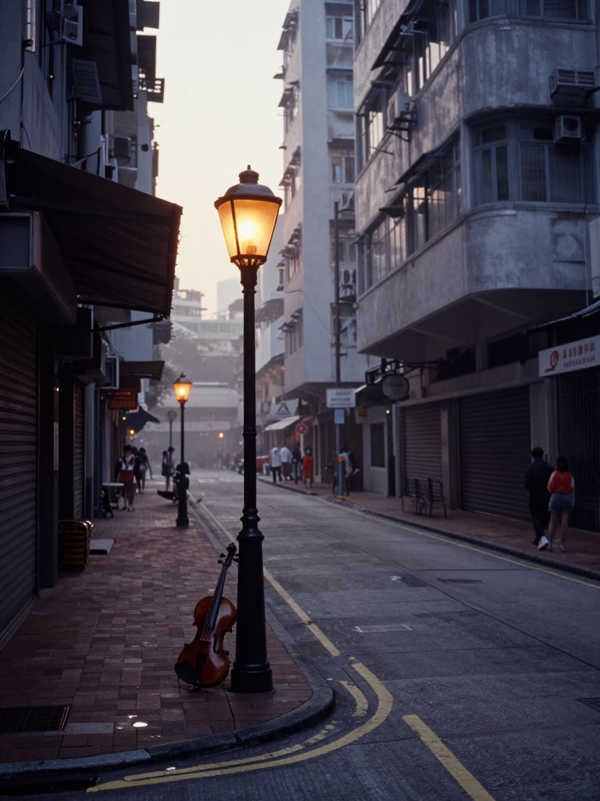 Vintage 1970s Hong Kong Street Scene with Lantern and Violin in Pre-Dawn Light in in Hong Kong, Hong Kong