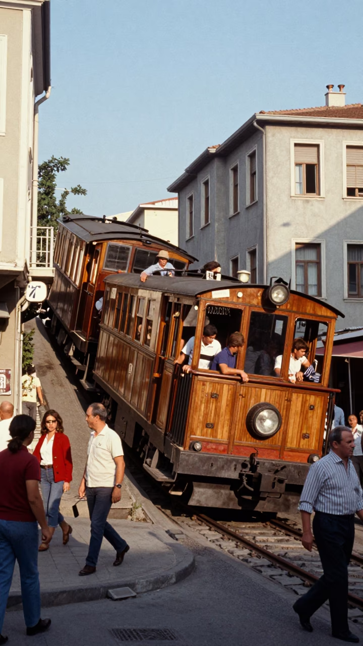 Vintage 1970s Istanbul Street Scene with Narrow Gauge Train and Blue Plumbago Hedge in in Istanbul, Turkey