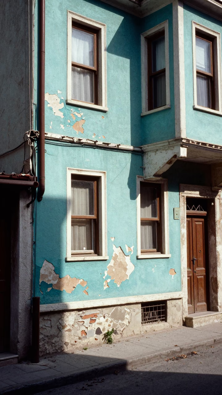 Vintage 1970s Istanbul Street Scene with Peeling Turquoise Paint and Doorframe Detail in in Istanbul, Turkey