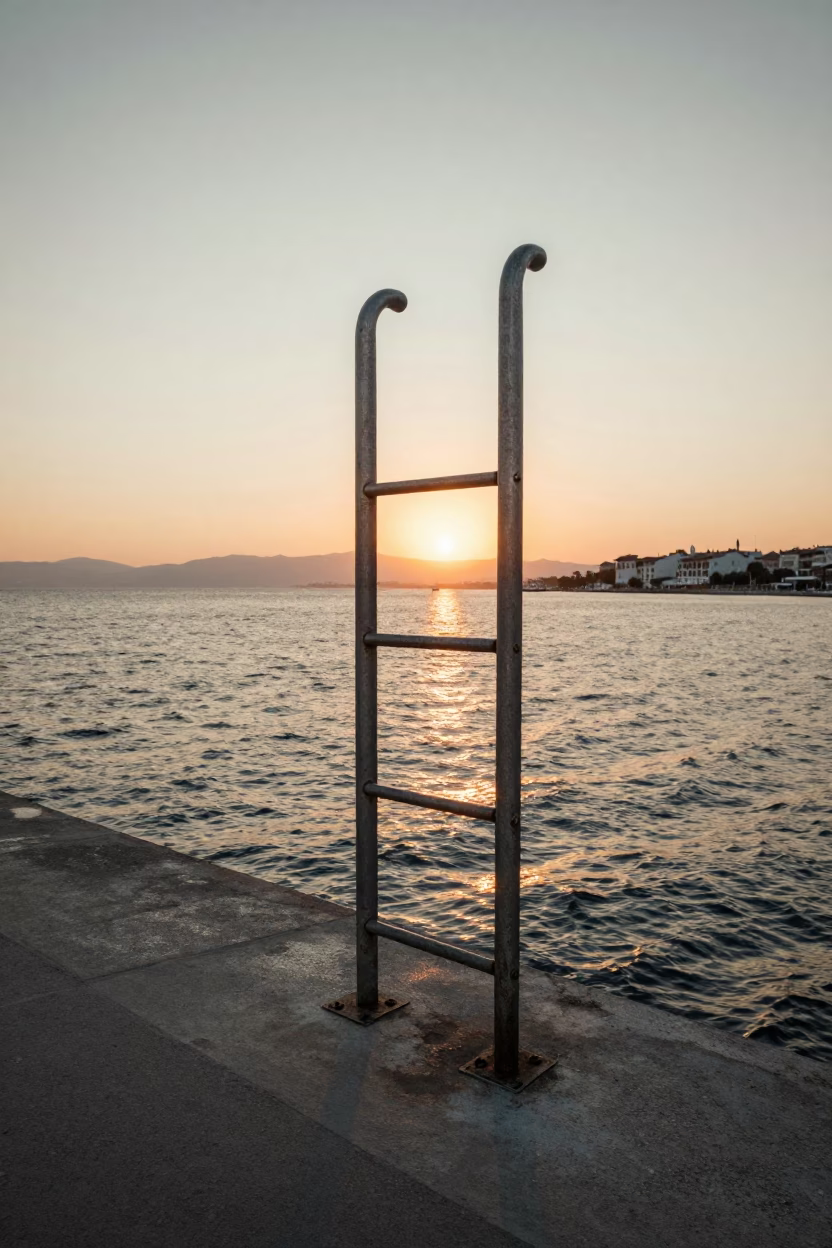 Vintage 1970s Izmir Turkey Sunset Bridge Pier Ladder and Estuary Water in in Izmir, Turkey