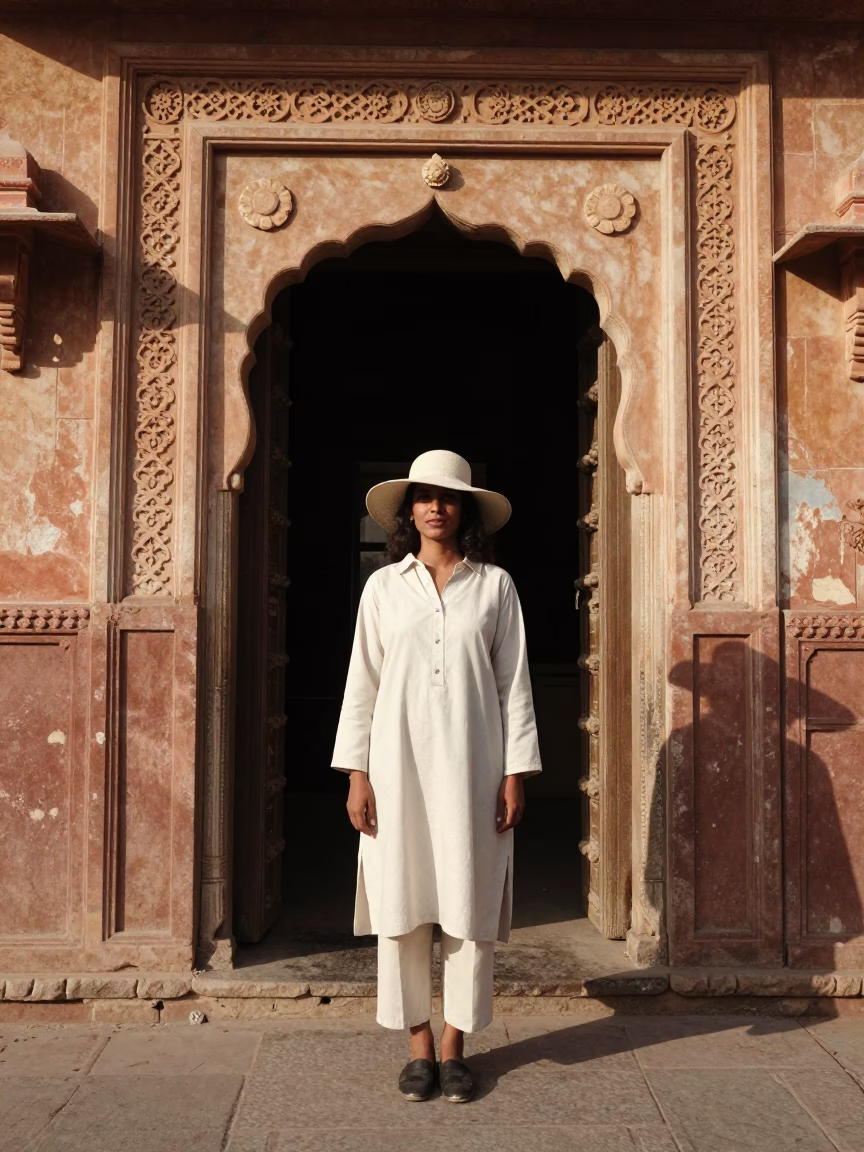 Vintage 1970s Jaipur Street Portrait with Sun Hat and Ornate Gate Handle in in Jaipur, India