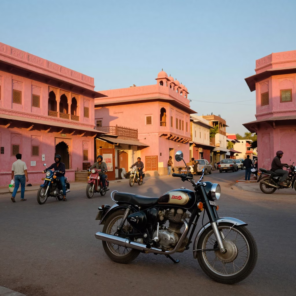 Vintage 1970s Jaipur Street Scene at Sunset with Classic Motorcycle Convoy in in Jaipur, India