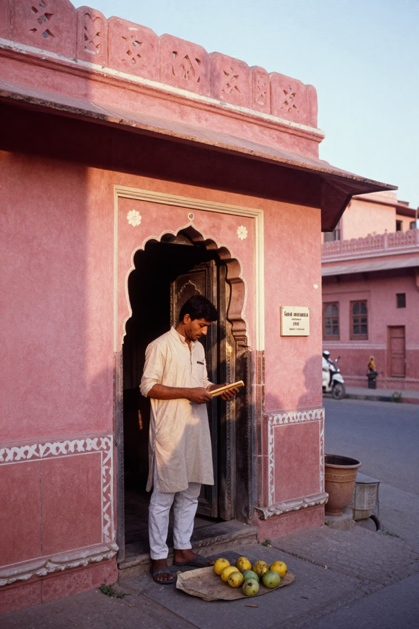 Vintage 1970s Jaipur Street Scene Morning Light Pink City Architecture in in Jaipur, India
