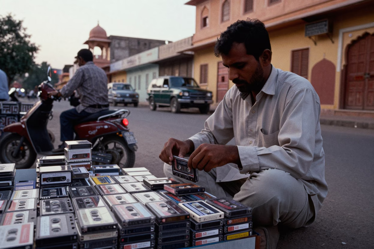 Vintage 1970s Jaipur Street Scene with Cassette Tapes and Local Commerce in in Jaipur, India
