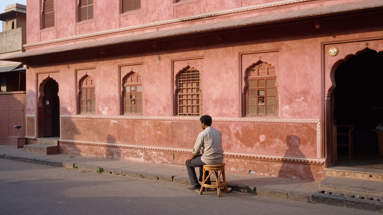 Vintage 1970s Jaipur Street Scene with Rattan Stool at Sunrise in in Jaipur, India