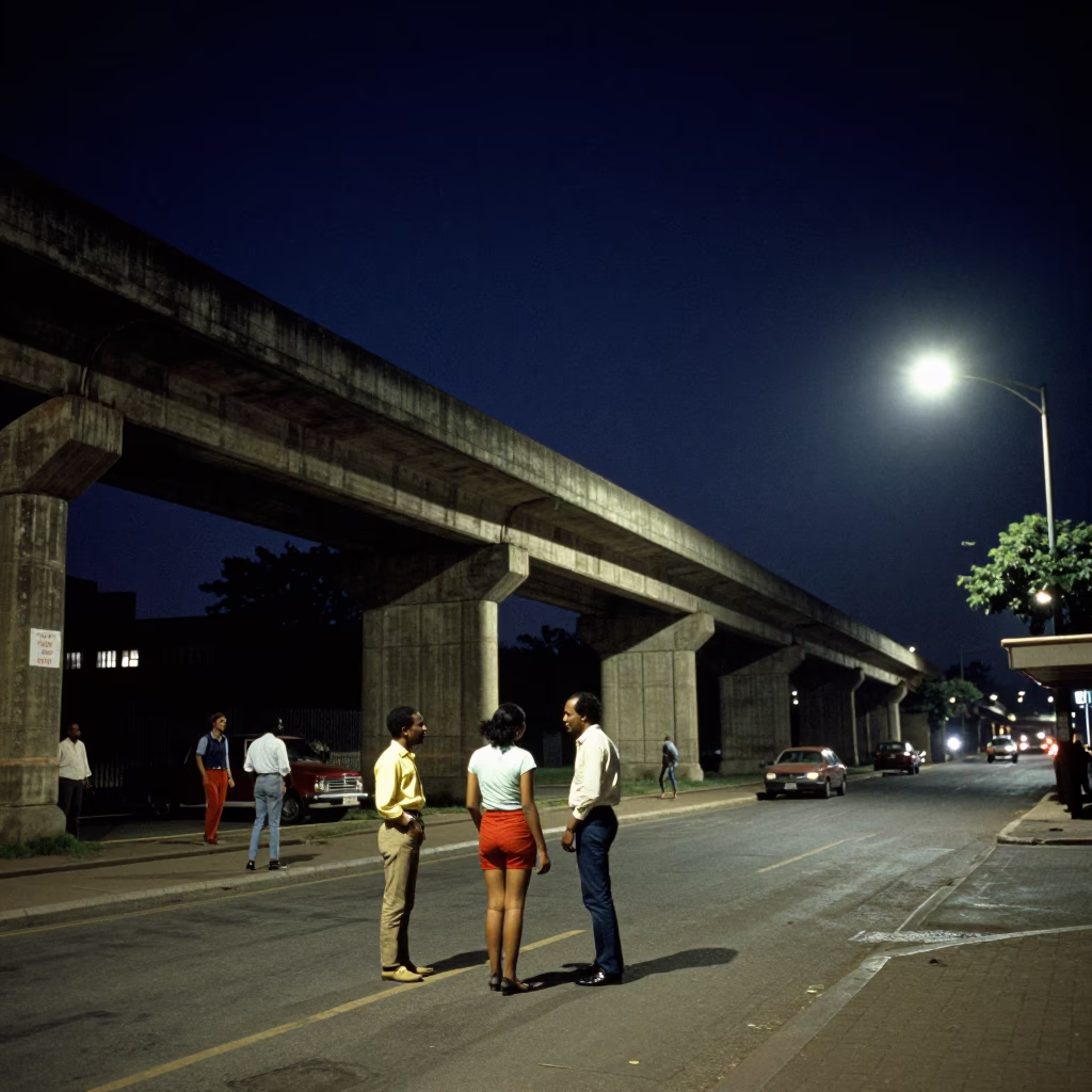 Vintage 1970s Johannesburg Night Street Scene with Concrete Viaduct and Padlock in in Johannesburg, South Africa