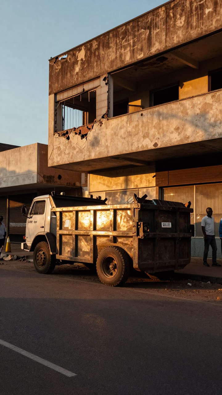 Vintage 1970s Johannesburg Street Scene with Demolition Dumpster and Brass Handle at Sunset in in Johannesburg, South Africa