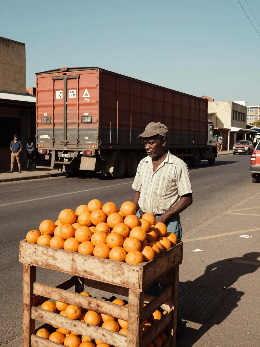 Vintage 1970s Johannesburg Street Scene with Oranges and Freight Train in in Johannesburg, South Africa