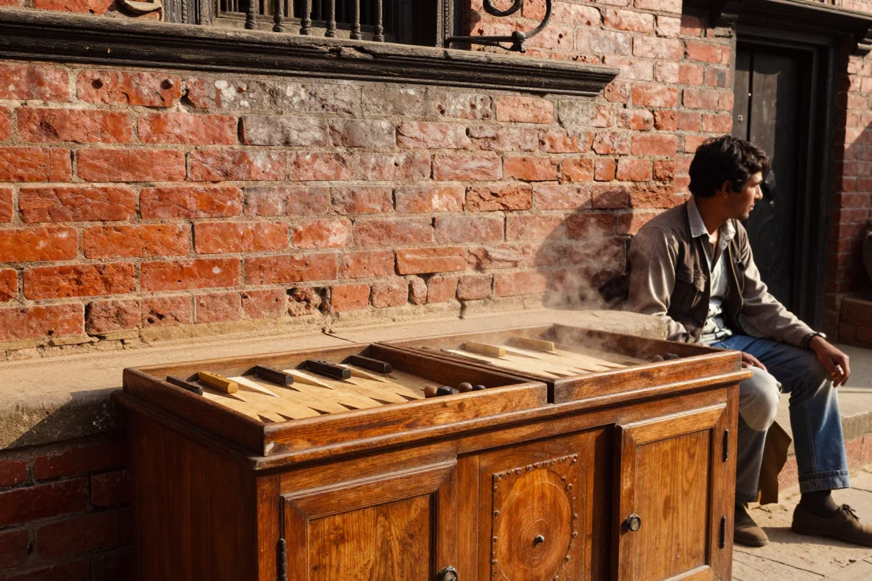 Vintage 1970s Kathmandu Street Scene with Backgammon and Condensation on Sideboard in in Kathmandu, Nepal