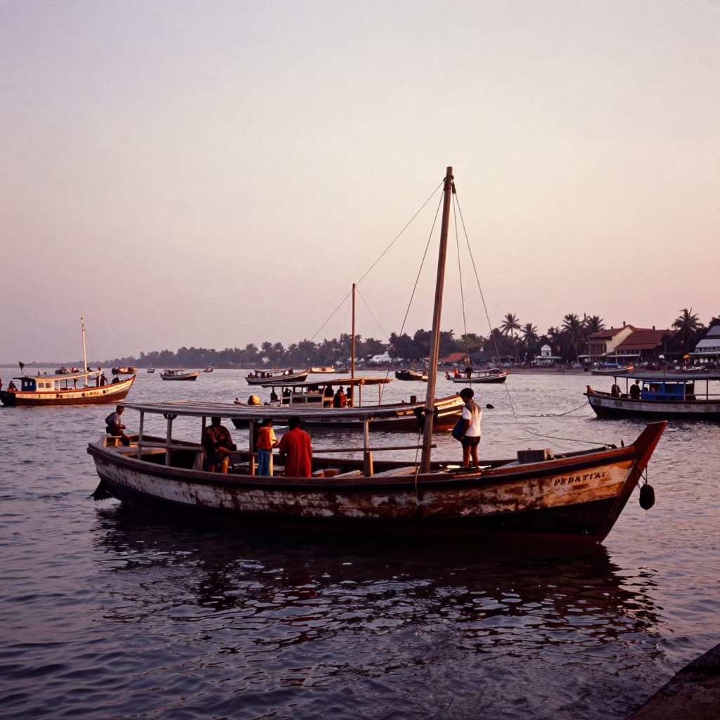 Vintage 1970s Kochi Harbor Scene with Junk Boats and Copper Dusk Light in in Kochi, India