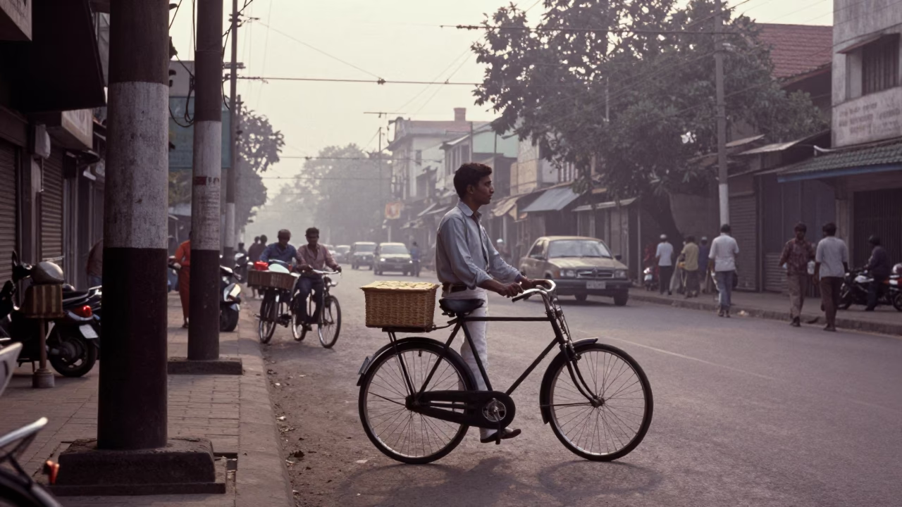 Vintage 1970s Kolkata Street Scene Early Morning Bicycle Bakery and Catenary Lines in in Kolkata, India