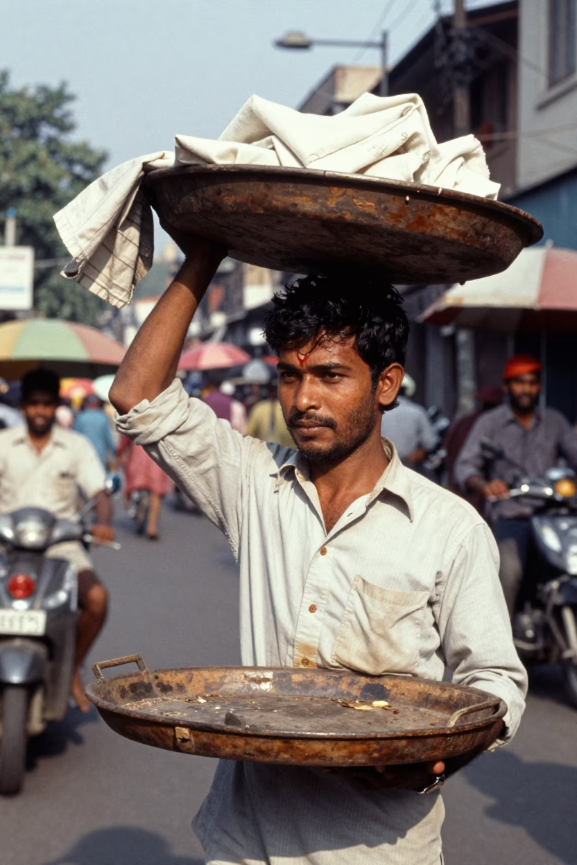 Vintage 1970s Kolkata Street Scene with Wooden Tray and Grease Sheen in in Kolkata, India