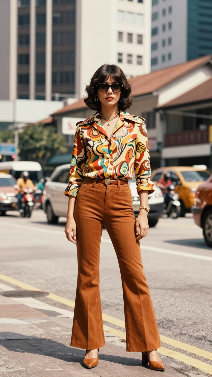 Vintage 1970s Kuala Lumpur Street Fashion Portrait in Bright Midmorning Light in in Kuala Lumpur, Malaysia