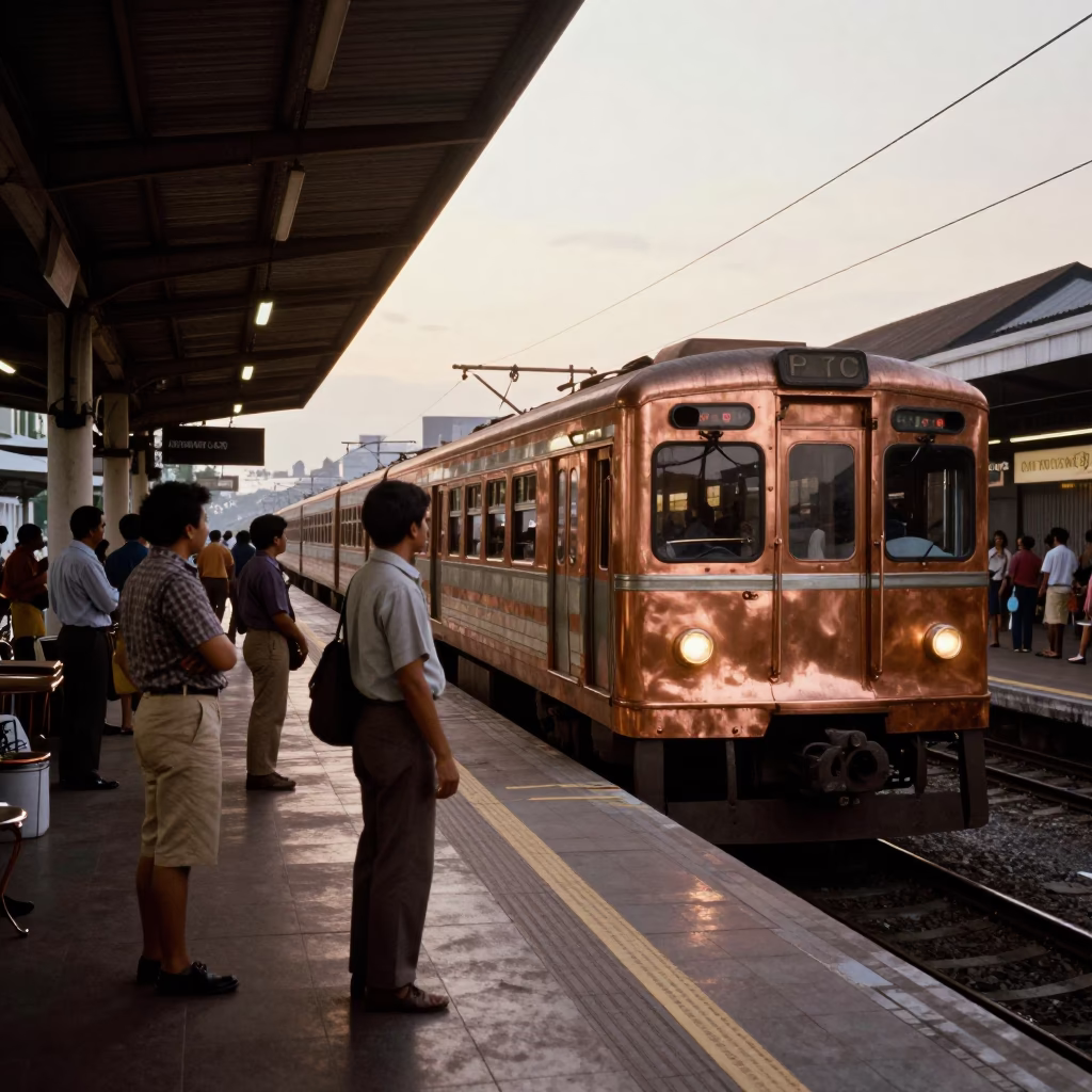 Vintage 1970s Kuala Lumpur Street Scene Copper Light Commuter Train Platform in in Kuala Lumpur, Malaysia
