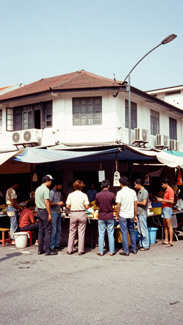 Vintage 1970s Kuala Lumpur Street Scene with Local Market Activity in in Kuala Lumpur, Malaysia