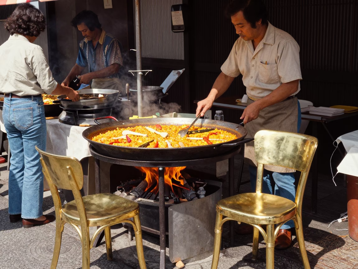 Vintage 1970s Kyoto Street Scene with Paella and Brass Chair in Midday Sun in in Kyoto, Japan