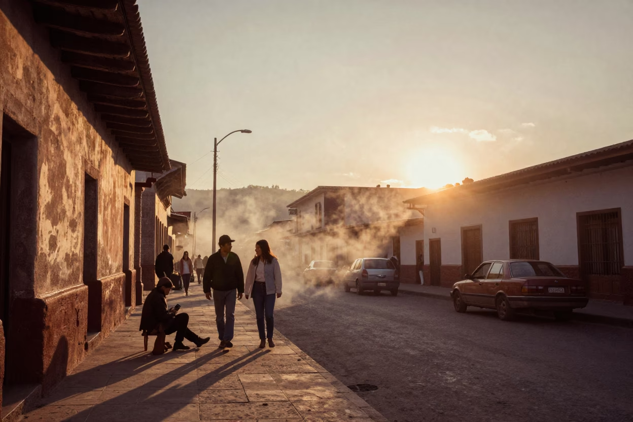 Vintage 1970s La Bolivia Street Scene with Steam Haze and Urban Details in in La Paz, Bolivia