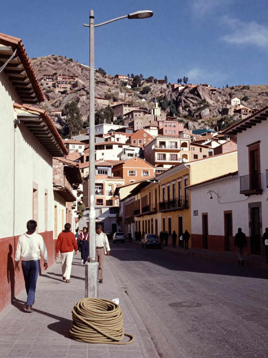 Vintage 1970s La Paz Bolivia Street Scene with Coiled Rope and Brass Bell Details in in La Paz, Bolivia