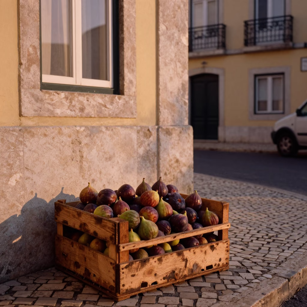 Vintage 1970s Lisbon Evening Street Scene with Fruit Crate and Linen Mirror Detail in in Lisbon, Portugal