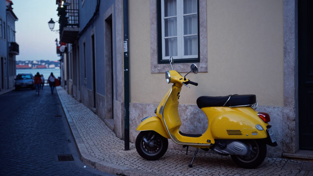 Vintage 1970s Lisbon Street Scene Before Dawn with Yellow Vespa and Traditional Azulejo Tiles in in Lisbon, Portugal