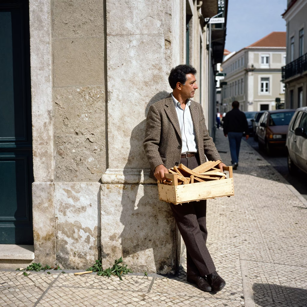 Vintage 1970s Lisbon Street Scene with Cork Oak Bark and Urban Details in in Lisbon, Portugal