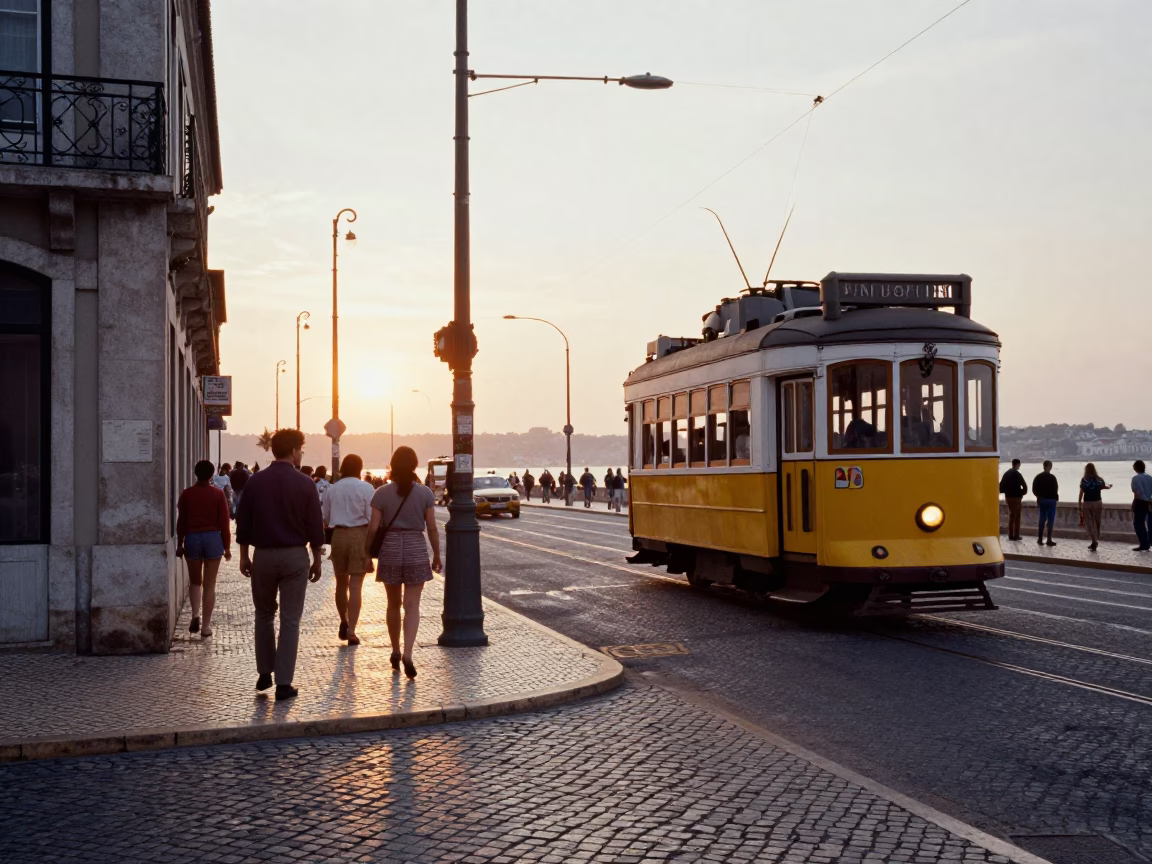 Vintage 1970s Lisbon Street Scene with Heritage Tram and Sunset Light in in Lisbon, Portugal