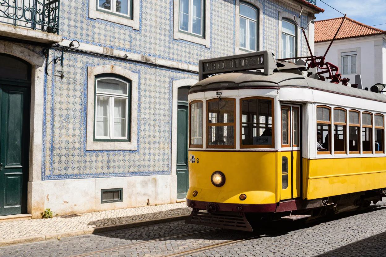 Vintage 1970s Lisbon Street Scene with Tram 28 and Traditional Azulejo Architecture in in Lisbon, Portugal