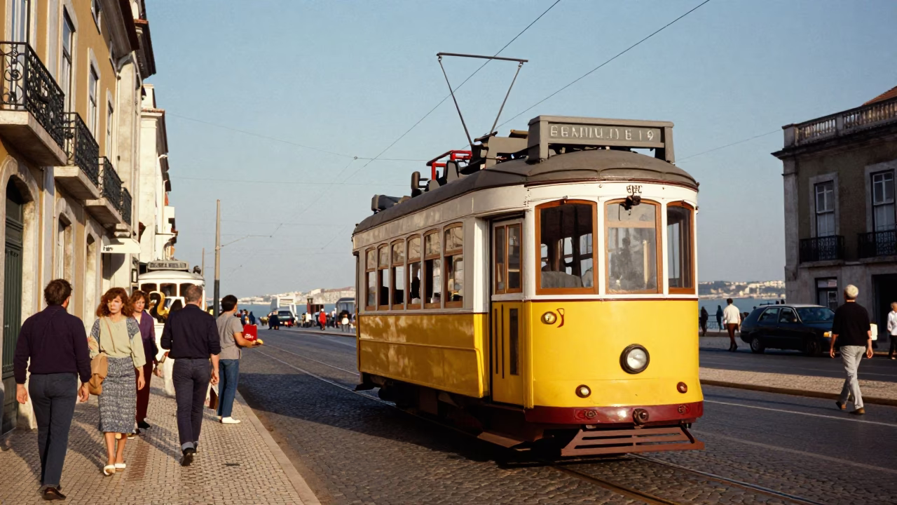 Vintage 1970s Lisbon Street Scene with Yellow Tram and Local Basket in in Lisbon, Portugal