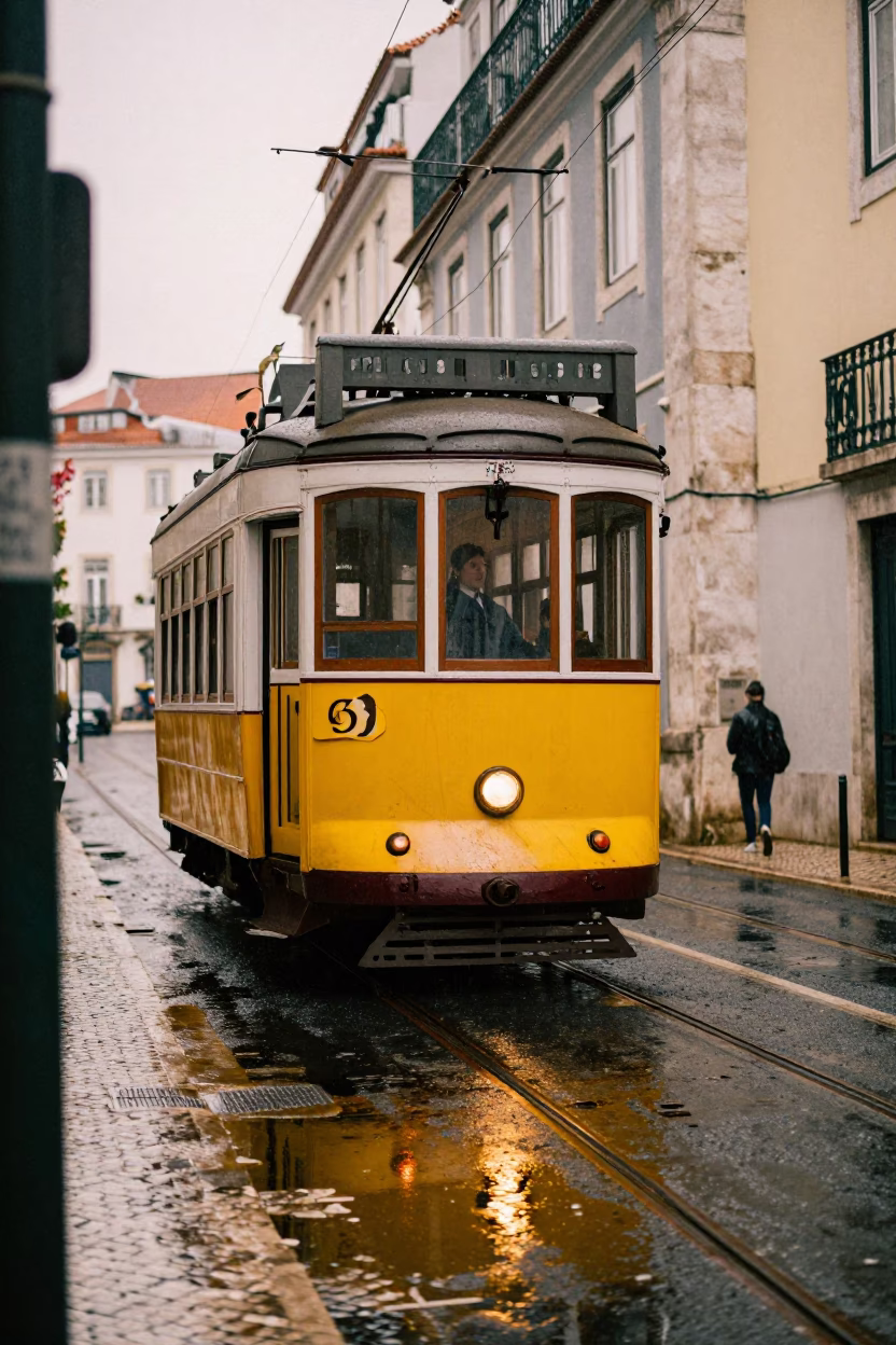 Vintage 1970s Lisbon Tram 28 Reflected in Rain Wet Cobblestones Late Afternoon in in Lisbon, Portugal