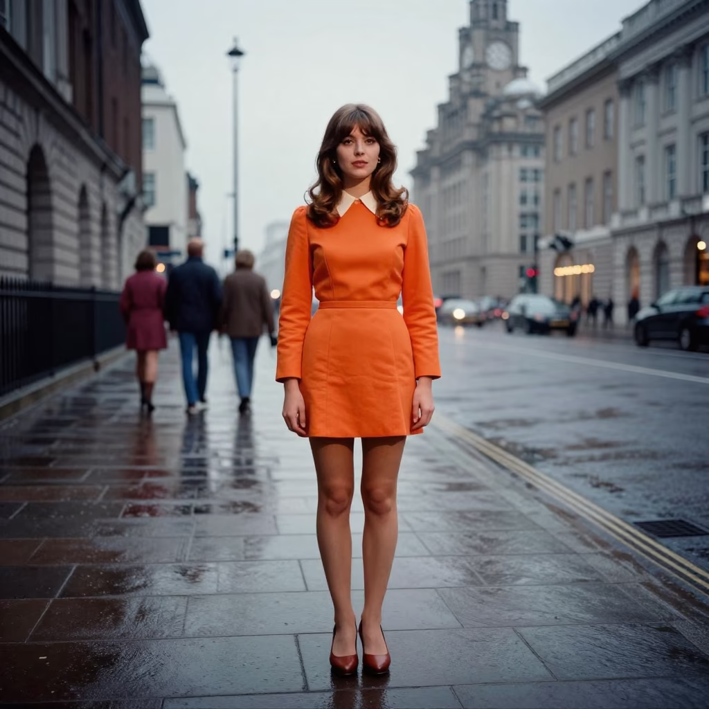 Vintage 1970s Liverpool Street Fashion Dawn Portrait with Charm Bracelet and Colorful Attire in in Liverpool, United Kingdom