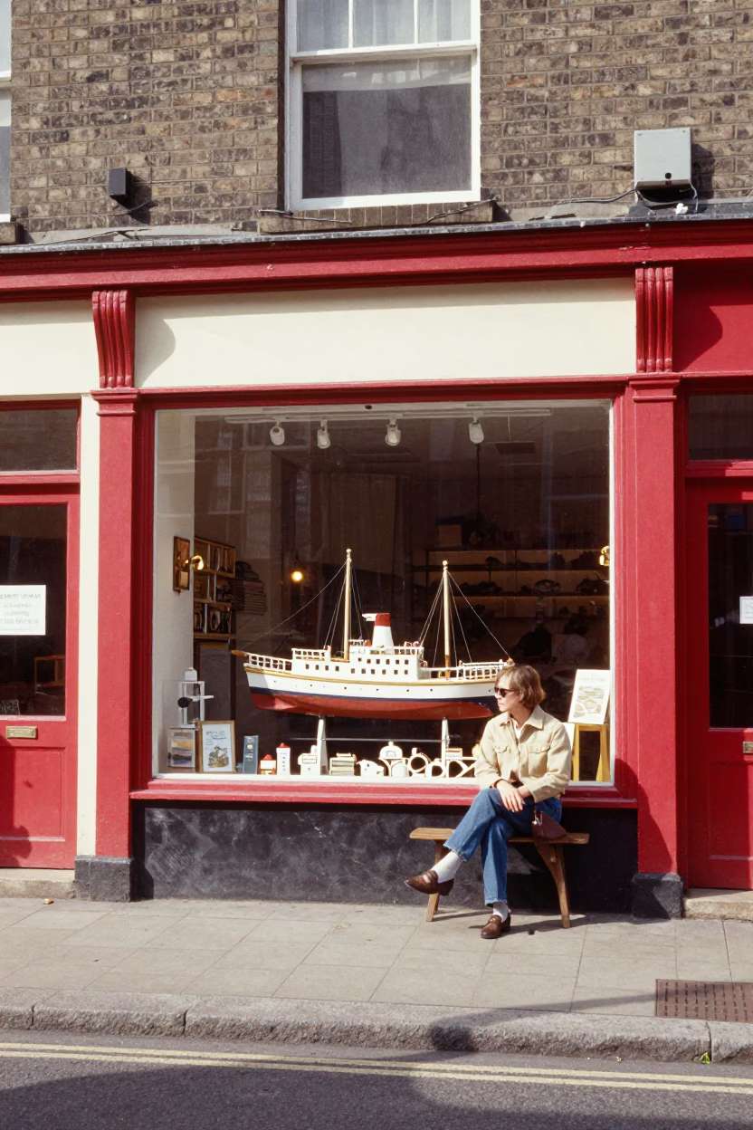 Vintage 1970s Liverpool street scene with model ship on windowsill under flat noon glare in in Liverpool, United Kingdom