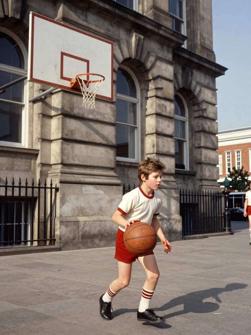 Vintage 1970s Liverpool Street Scene with Old Leather Basketball and Urban Architecture in in Liverpool, United Kingdom