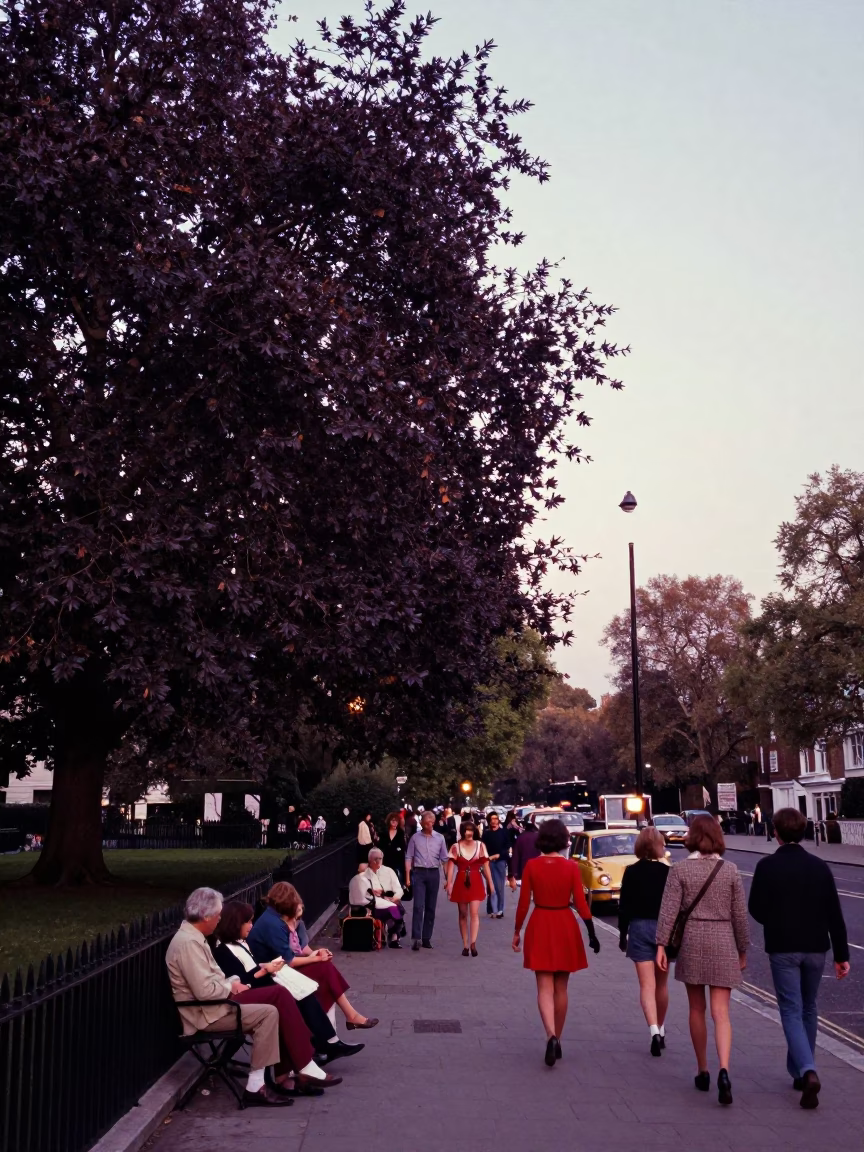 Vintage 1970s London Evening Street Scene with Copper Beech Tree and Parkland Atmosphere in in London, United Kingdom